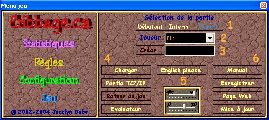 Manuel de Cribbage.ca 'Menu jeu'